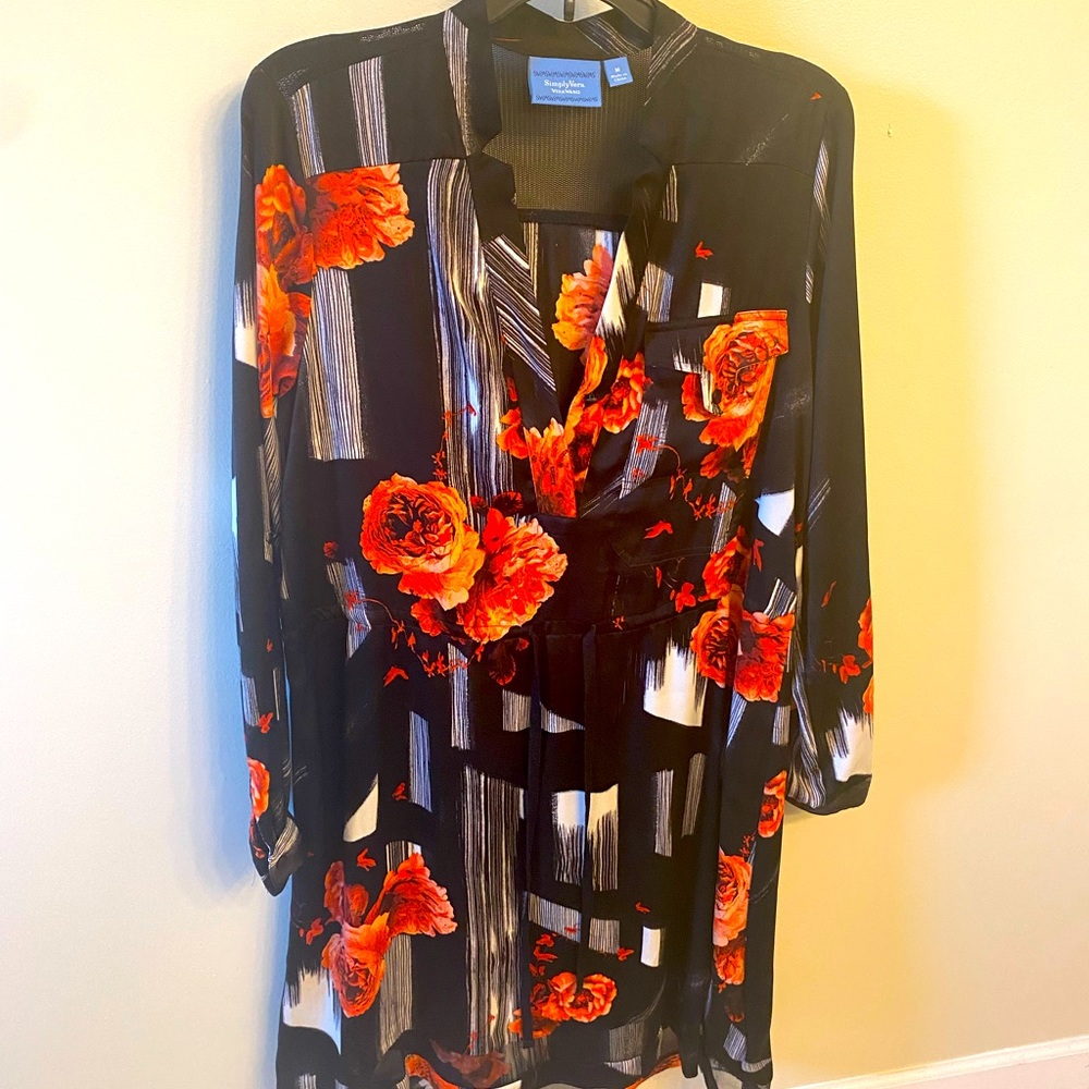 Vera Wang black/red and white dress. Long sleeve polyester and mesh dress.